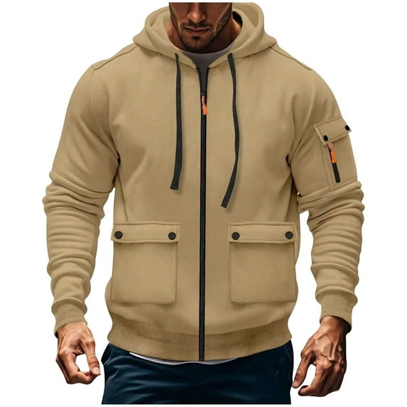 Maplenight Men's Loose Pullover Cargo Hoodie Sweatshirts Trendy Solid Color Pocket Athletic Tops Long Sleeve Full Zipper for Fall and Winter