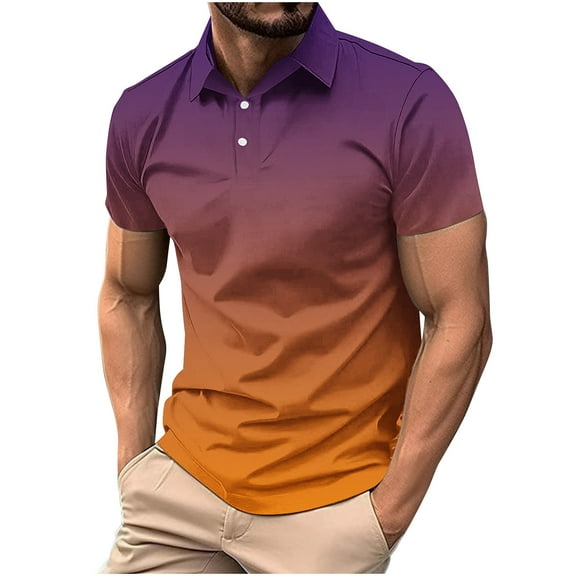 Maplenight Men's T Shirts Lapel Short Sleeve Button Trendy Shirts for Men Summer Gradient Color Lightweight Slim Fit Casual Tops