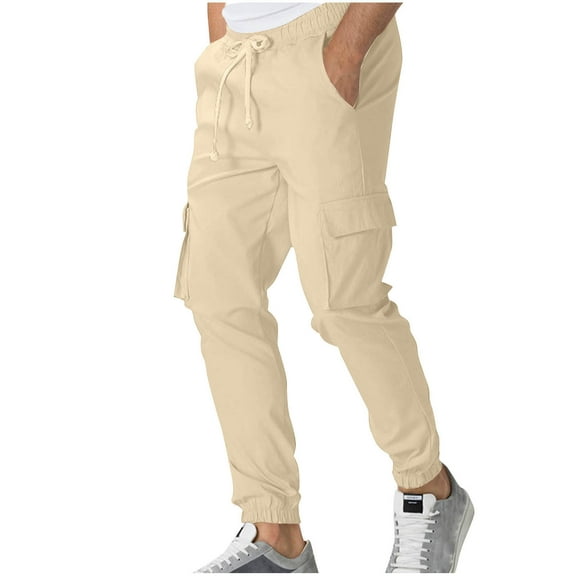 Maplenight Mens Cargo Pants Elastic Waist Drawstring Running Pants Solid Color Taper Leg Regular Fit Casual Trousers with Pockets
