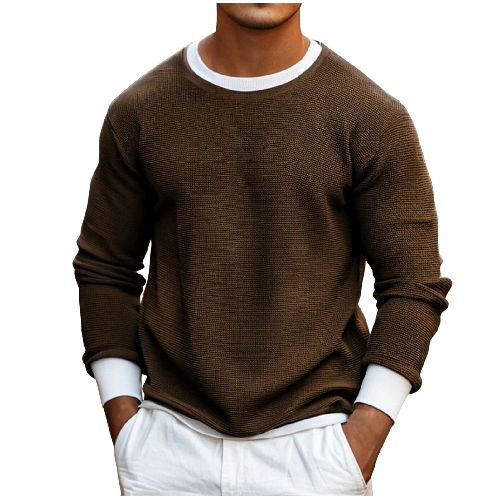 Maplenight Mens Shirts Crew Neck Waffle Long Sleeve Pullover Tops Fall ...
