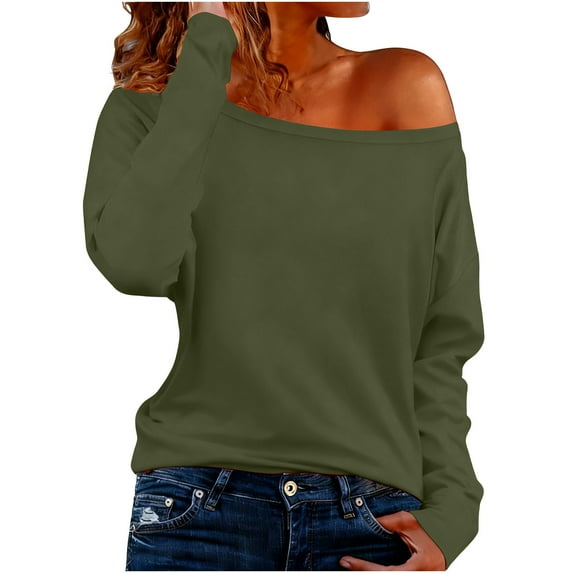 Maplenight Off Shoulder Tops for Women Long Sleeve TShirts Boat Neck Casual Basic Tees Blouse