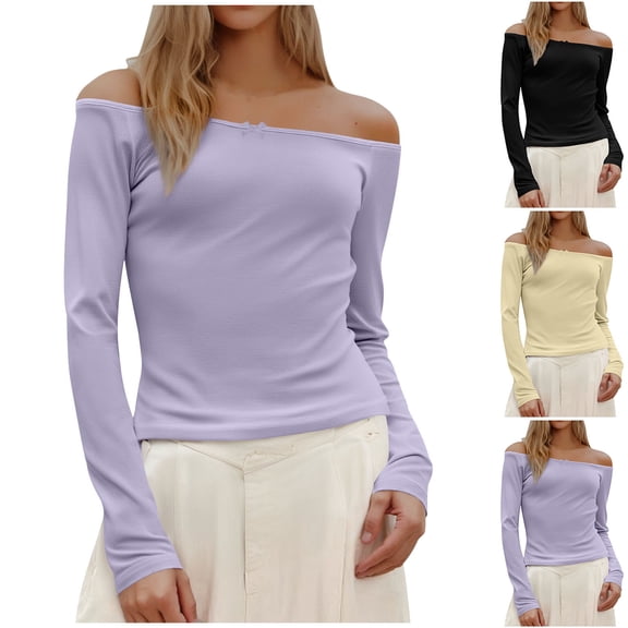 Maplenight Off the Shoulder Tops for Women Slim Fitted Going Out Tops Long Sleeve Ladies Blouses
