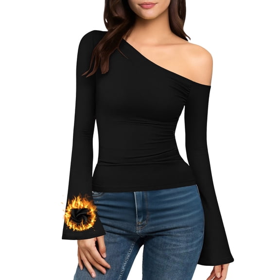 Maplenight Off the Shoulder Tops for Women Slim Fitted Going Out Tops Long Sleeve Thermal Fleece Blouses