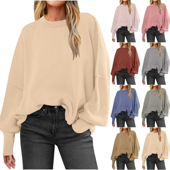 Maplenight Oversized Batwing Sweaters for Women Fall Outfits Trendy Crewneck Knit Side Slit Fashion Pullover Tops