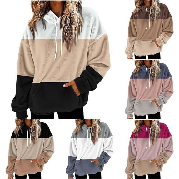 Maplenight Oversized Hoodies for Women Fleece Long Sleeve Sweatshirt Color Block Baggy Drawstring Pullover Winter Warm Sweaters with Pocket