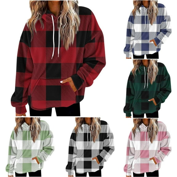 Maplenight Oversized Hoodies for Women Fleece Plaid Long Sleeve Sweatshirt Baggy Drawstring Pullover Winter Warm Sweaters with Pocket