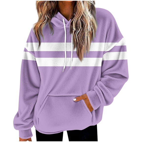 Maplenight Oversized Hoodies for Women Fleece Striped Long Sleeve Sweatshirt Baggy Drawstring Pullover Winter Warm Sweaters with Pocket