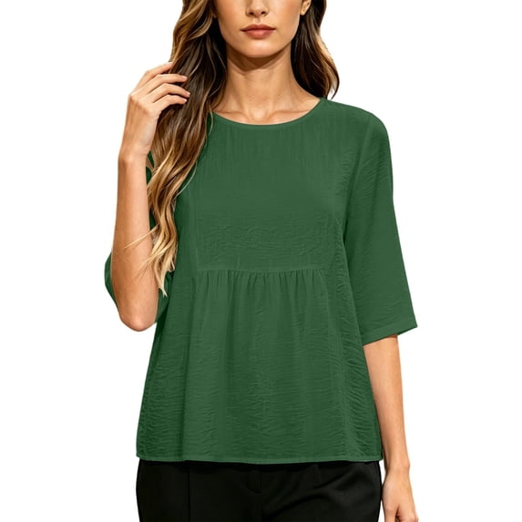 Maplenight Peplum Blouses for Women Cotton Crew Neck Half Sleeve Tops Office Casual Work Summer Shirts