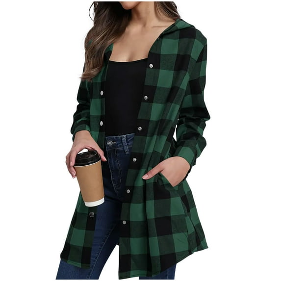 Maplenight Plaid Button Down Shirts for Women Long Jackets Hoodies Color Block Loose Casual Long Sleeve Shirts with Pockets