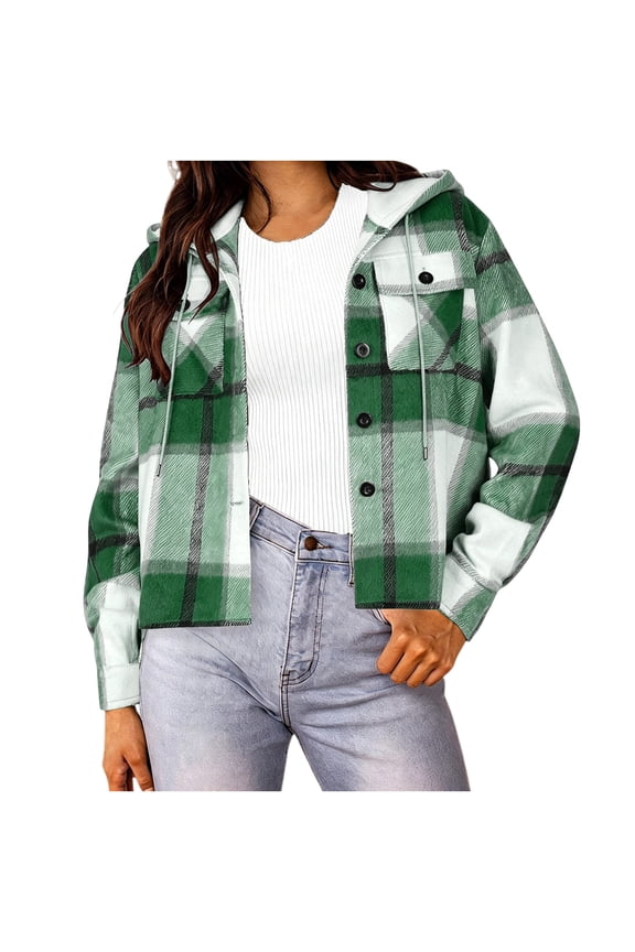 Plaid Hooded Jackets for Women Button Down Flannel Shacket Jacket Casual Drawstring Cropped Coat for Fall Winter