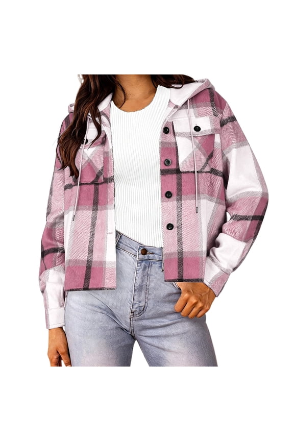 Plaid Hooded Jackets for Women Button Down Flannel Shacket Jacket Casual Drawstring Cropped Coat for Fall Winter