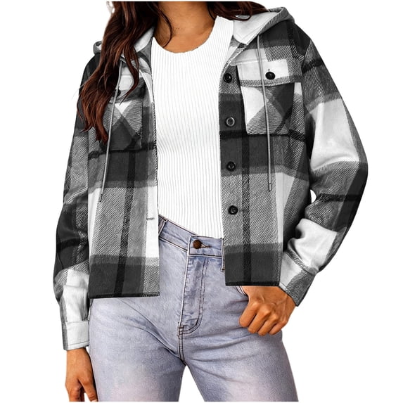 Maplenight Plaid Hooded Jackets for Women Button Down Flannel Shacket Jacket Casual Drawstring Cropped Coat for Fall Winter