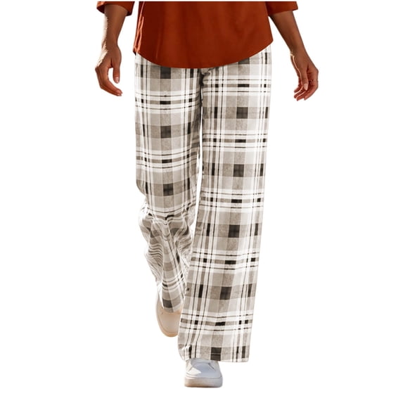 Maplenight Plaid Wide Leg Pants for Women Elastic Waist Long Trousers with Pockets Loose Casual Lounge Pants