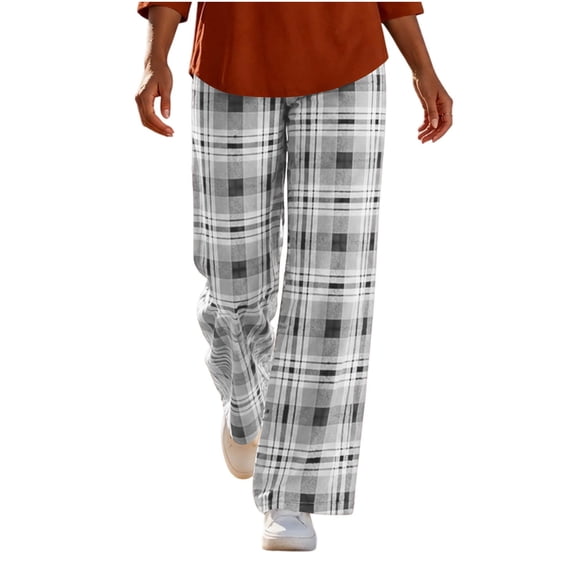 Maplenight Plaid Wide Leg Pants for Women Elastic Waist Long Trousers with Pockets Loose Casual Lounge Pants