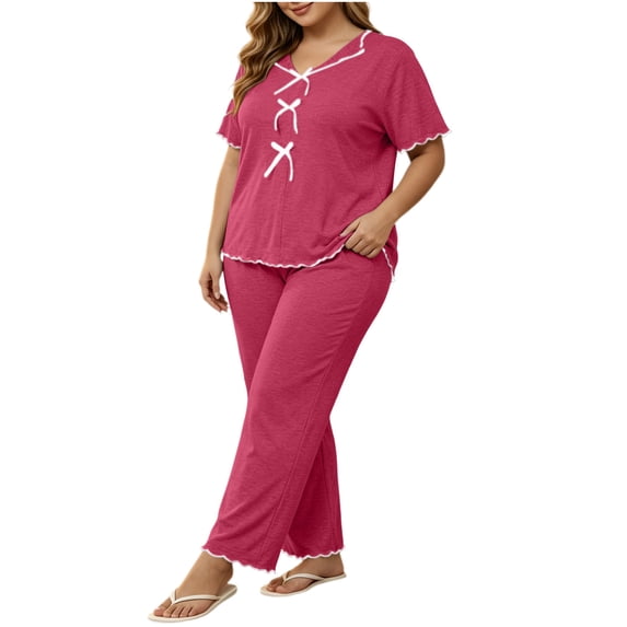 Maplenight Plus Size Pajamas Set for Women 2 Piece Pjs Short Sleeve Top and Wide Leg Pants Lounge Set Soft Sleepwear Loungewear