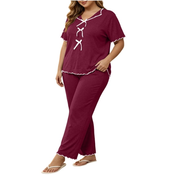 Maplenight Plus Size Pajamas Set for Women 2 Piece Pjs Short Sleeve Top and Wide Leg Pants Lounge Set Soft Sleepwear Loungewear