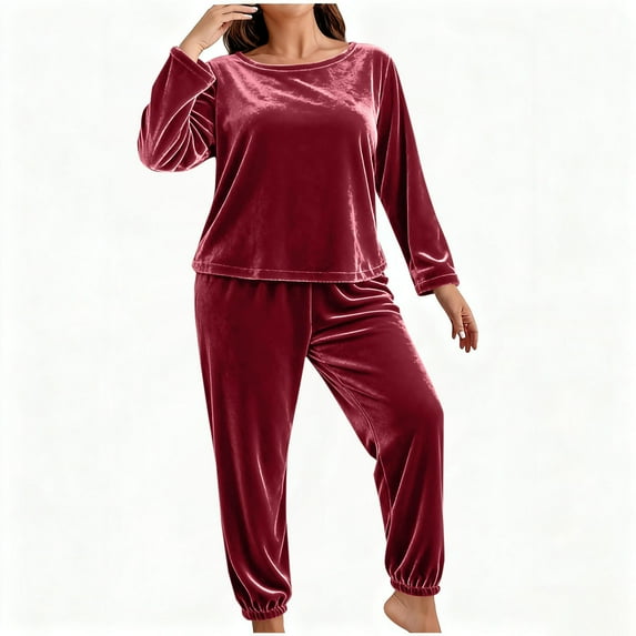 Maplenight Plus Size Pajamas for Women Sets Thermal Soft Velvet Sleepwear Long Sleeve Pjs Tops & Elastic Waist Joggers 2 Piece Velour lounge Set