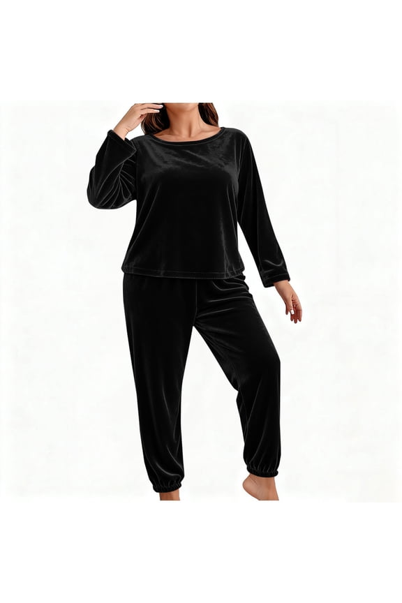 Plus Size Pajamas for Women Sets Thermal Soft Velvet Sleepwear Long Sleeve Pjs Tops & Elastic Waist Joggers 2 Piece Velour lounge Set