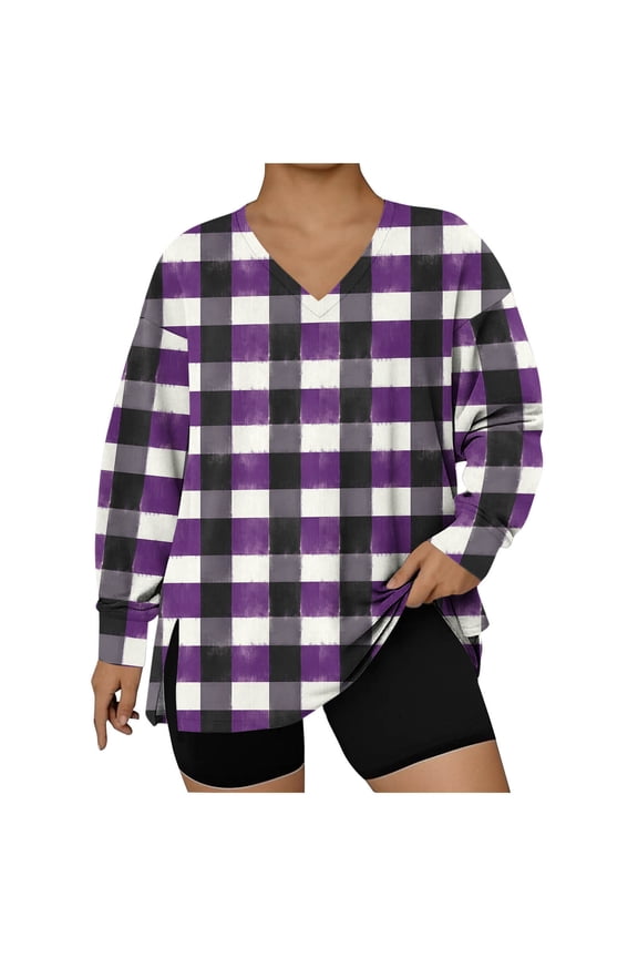 Plus Size Plaid Shirts for Women Long Sleeve V-Neck Split Hem Tunic Tops Color Block Casual Blouses