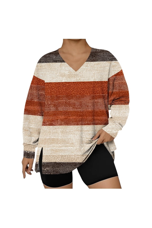 Plus Size Shirts for Women Long Sleeve V-Neck Split Hem Tunic Tops Color Block Casual Blouses