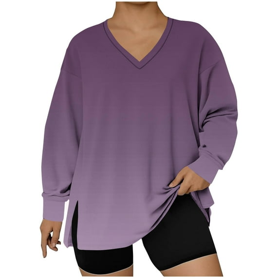 Maplenight Plus Size Tops for Women Basic Tees Long Sleeve Casual Shirts V-Neck Side Slit Trendy Oversized T Shirts
