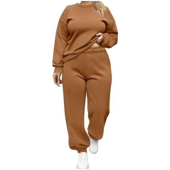Maplenight Plus Size Tracksuit for Women Casual Crew Neck Long Sleeve Sweatshirt and Drawstring Joggers Sets 2 Piece Activewear Outfits with Pockets
