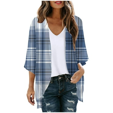 Maplenight Plus Size Womens Cardigan Open Front Lightweight 3/4 Sleeve Plaid Print Casual Loose Cardigan Sweaters Outwear S-5XL