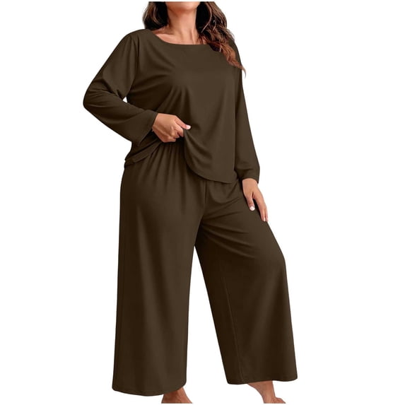 Maplenight Plus Size Womens Pajama Set 2 Piece Lounge Set Long Sleeve Tops & Wide Leg Pants Soft Casual Loungewear Sleepwear for Ladies