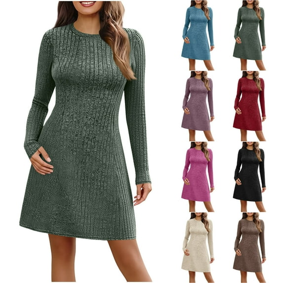 Maplenight Ribbed Knit Sweater Dress for Women Casual Long Sleeve Crew Neck Fall Dresses