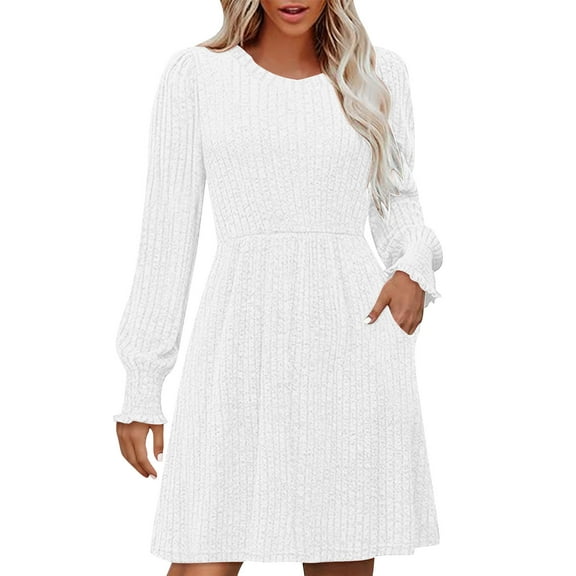 Maplenight Ribbed Knit Sweater Dress for Women with Pockets Casual Crew Neck Long Sleeve Midi Dresses