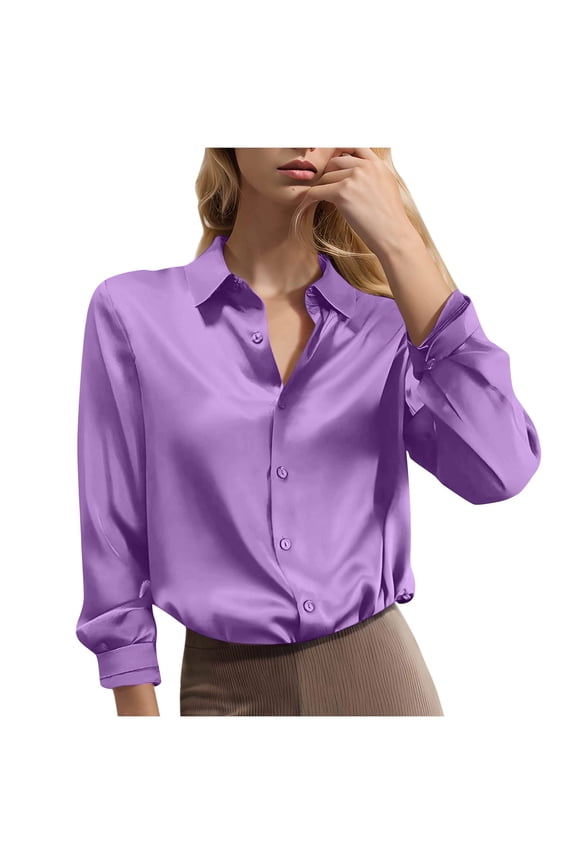 Satin Blouses for Women Silk Button Down Shirts Lapel Long Sleeve Business Casual Tops