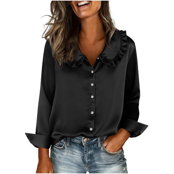 Maplenight Satin Silk Shirts for Women Dressy Casual Button Down Shirt Lapel Long Sleeve Office Work Tops