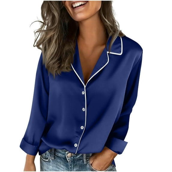 Maplenight Satin Silk Shirts for Women Long Sleeve Button Down Shirt Casual Lapel Pajamas Tops
