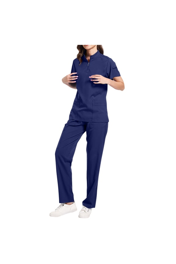 Scrub Sets for Women –Zip Mock Neck Short Sleeve Tops and Pants Modern and Comfortable Scrub Set for Nurses and Healthcare Workers