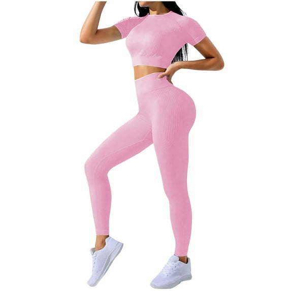 Maplenight Seamless Workout Sets for Women High Waist Yoga Leggings and Short Sleeve Crew Neck Crop Tops 2 Piece Athletic Outfits Gym Clothes Multi Colors​​