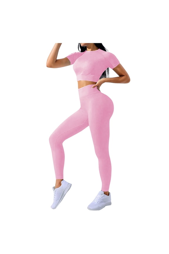 Seamless Workout Sets for Women High Waist Yoga Leggings and Short Sleeve Crew Neck Crop Tops 2 Piece Athletic Outfits Gym Clothes Multi Colors