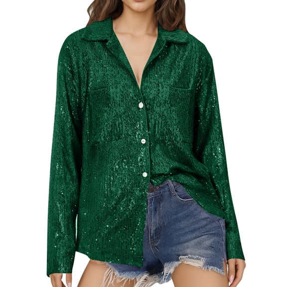 Maplenight Sequin Tops for Women Glitter Sparkly Button Down Shirts Lapel Long Sleeve Casual Party Holiday Shirt