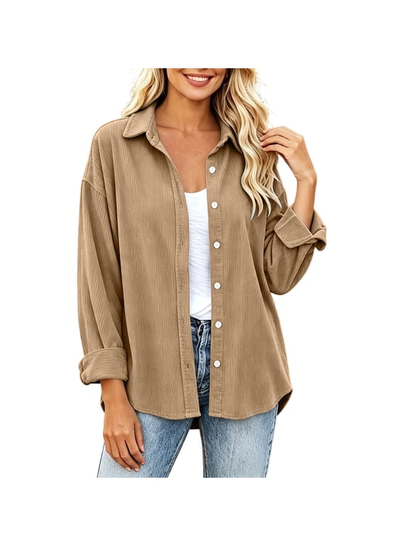 Shacket Jackets for Women Button Down Collared Corduroy Shacket with Pockets Relaxed Fit Fall Winter Casual Work Office Shirts Coats