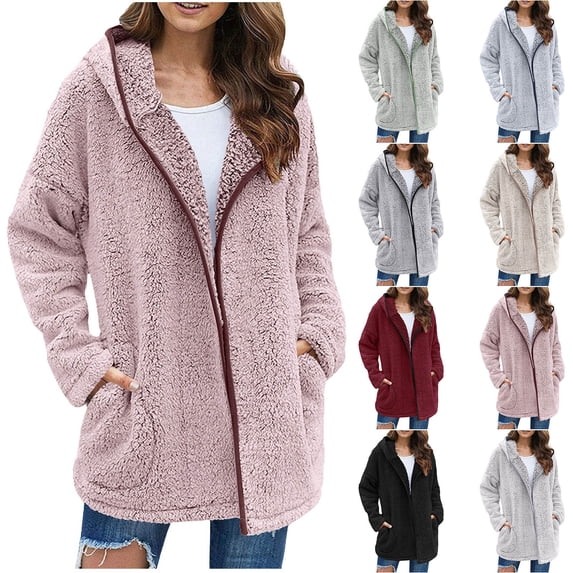 Maplenight Sherpa Jackets for Women Zip Up Fleece Hoodie Soft Open Front Cardigan Coats Winter Outerwear with Pockets