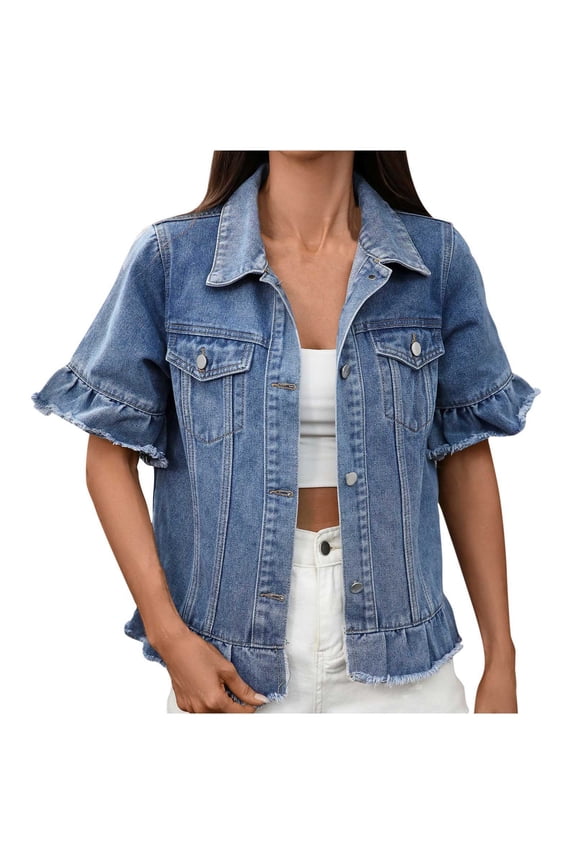 Short Sleeve Denim Jacket for Women Button Down Jean Jackets with Pockets Ruffle Sleeve Denim Shirt