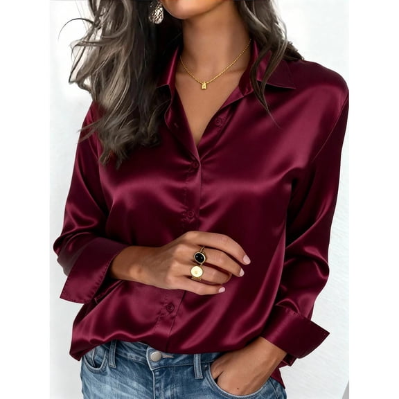 Maplenight Silk Button Down Shirts for Women Satin Long Sleeve Shirt Dressy Business Casual Tops Ladies Elegant Blouses
