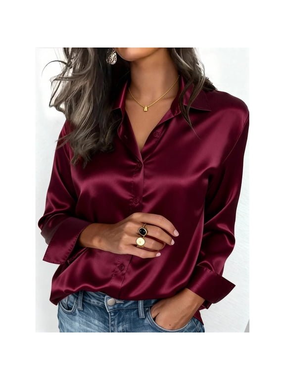 Silk Button Down Shirts for Women Satin Long Sleeve Shirt Dressy Business Casual Tops Ladies Elegant Blouses