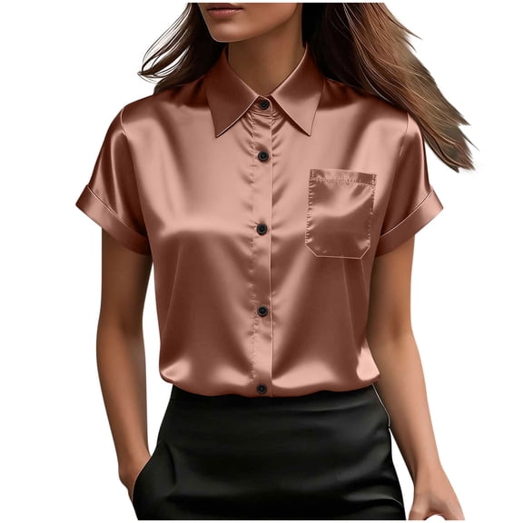 Maplenight Silk Button Down Shirts for Women Summer Satin Short Sleeve Shirt Dressy Business Casual Tops Ladies Elegant Blouses