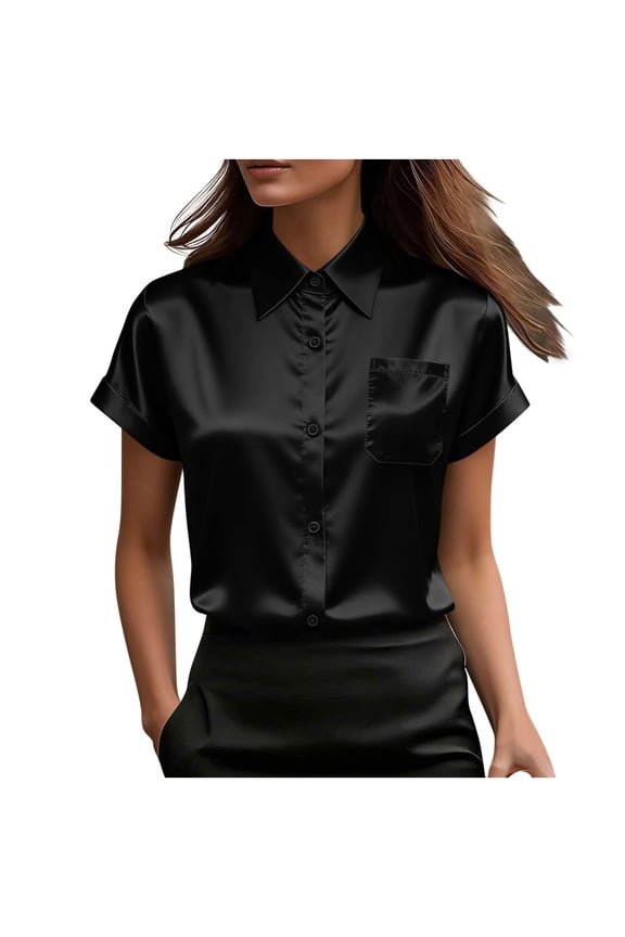 Silk Button Down Shirts for Women Summer Satin Short Sleeve Shirt Dressy Business Casual Tops Ladies Elegant Blouses