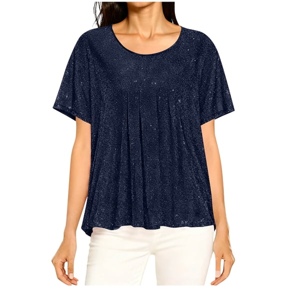 Maplenight Sparkly Glitter Shirts for Women Short Sleeve Elegant Party Evening Bling Shirt Trendy Loose Casual Basic Tees Tops