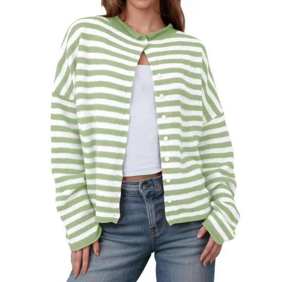 Maplenight Striped Cardigan Sweaters for Women Casual Long Sleeve Open Front Button Down Tops Loose Fit Knit Fall Sweater