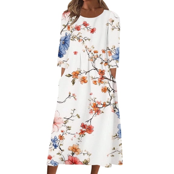 Maplenight Summer Dresses for Women Half Sleeve Floral Midi Dress Casual Holiday Beach Sundress with Pockets
