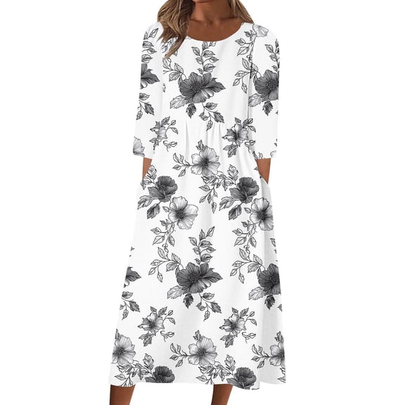 Maplenight Summer Dresses for Women Half Sleeve Floral Midi Dress Casual Holiday Beach Sundress with Pockets