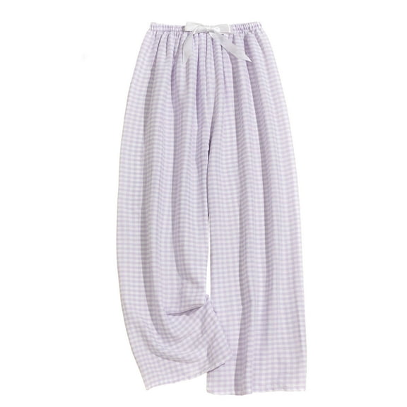 Maplenight Summer Linen Pants for Women Wide Leg Boho Pants Loose Palazzo Pants Plaid Pants with Drawstring