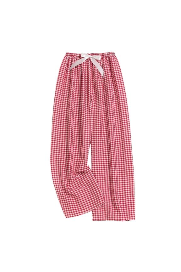 Summer Linen Pants for Women Wide Leg Boho Pants Loose Palazzo Pants Plaid Pants with Drawstring